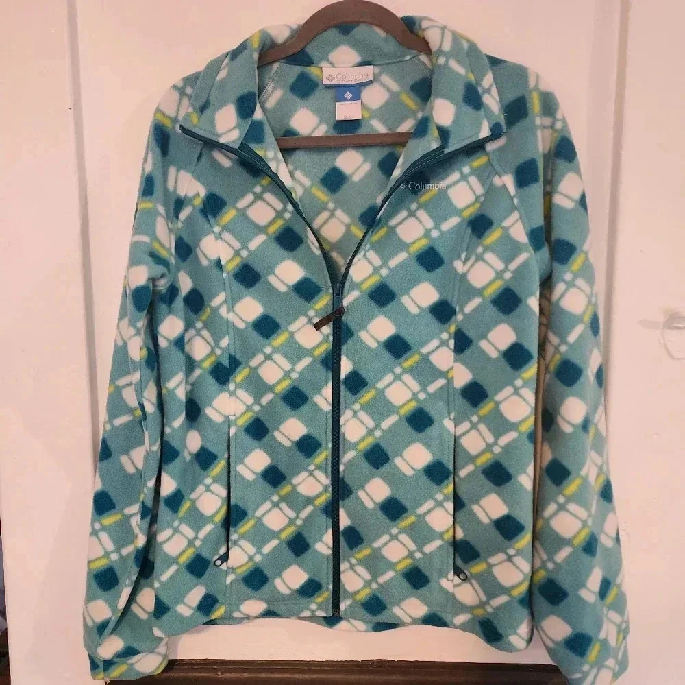 Columbia fleece Zip-up Jacket Kids Size 18/20 Blue And White Pattern Print